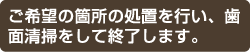 ご希望の箇所の処置を行い、歯面清掃をして終了します。